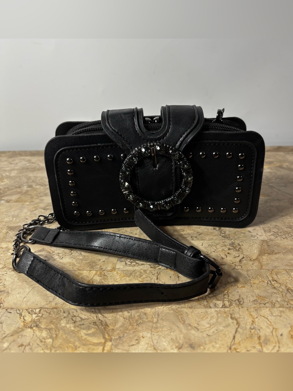 Black Small Studded Crossbody Messenger Bag Buckle Flap Removable Chain Zip